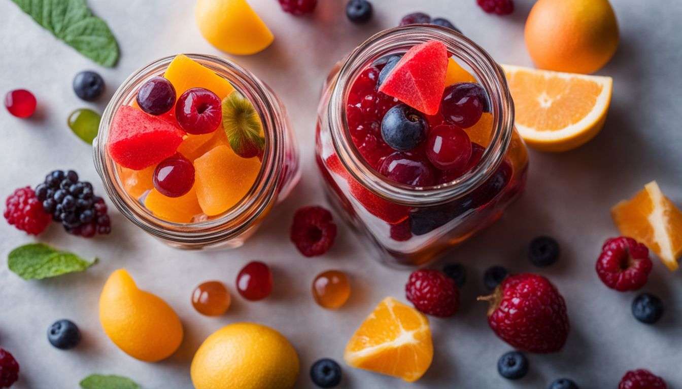 A jar of collagen gummies surrounded by colorful fruits and vitamins.
