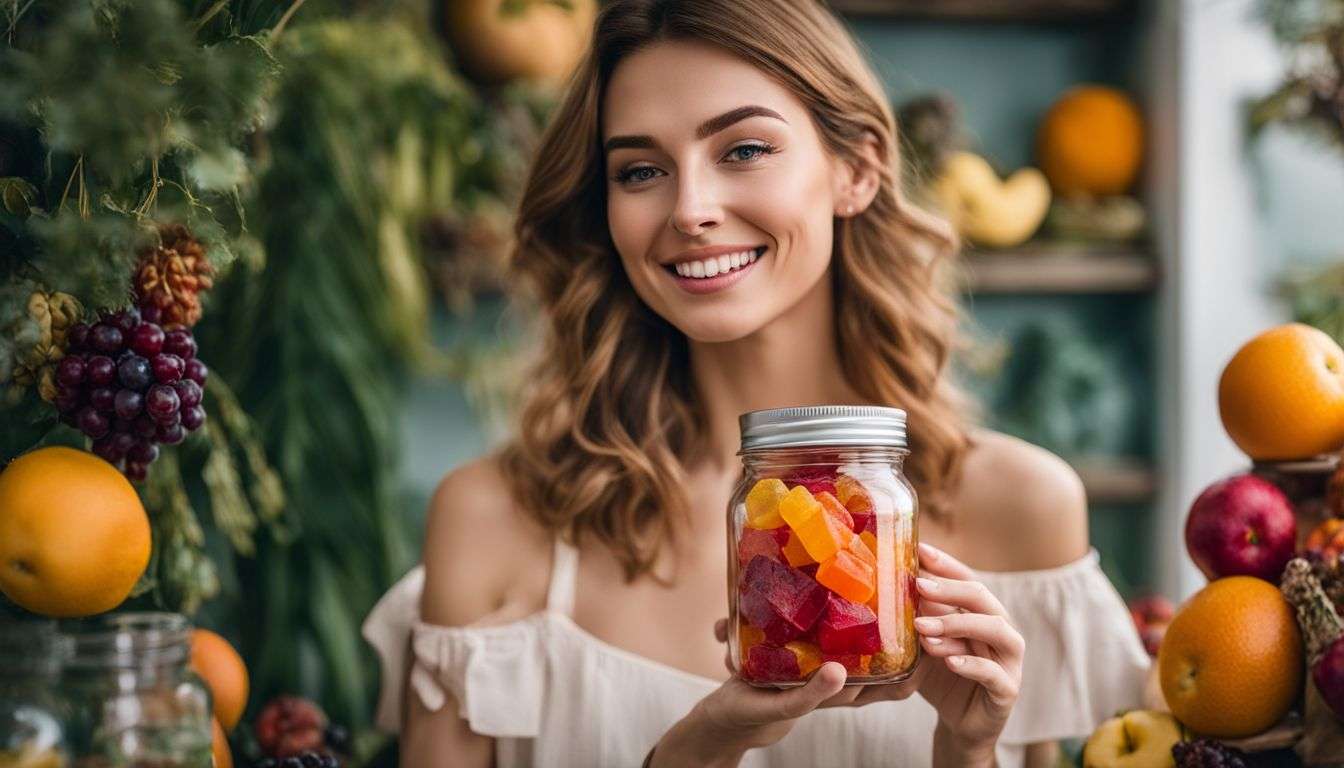 A woman holding a jar of collagen gummies surrounded by vibrant fruits and natural elements.